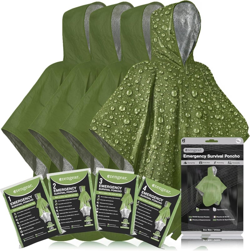 aZengear Emergency Survival Poncho (4pc) Thermal Mylar Foil Blanket for Heat Retention and Rain | Reversible with Hood | Waterproof, Windproof, Portable, Hands-Free, Outdoor Kit (Green) - Image 1
